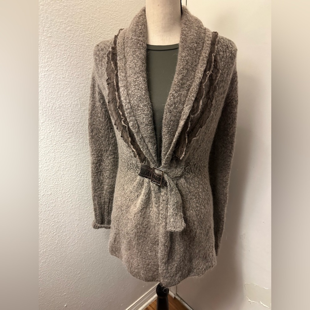 Brown Cardigan Sweater with Shawl Collar and Tie Closure